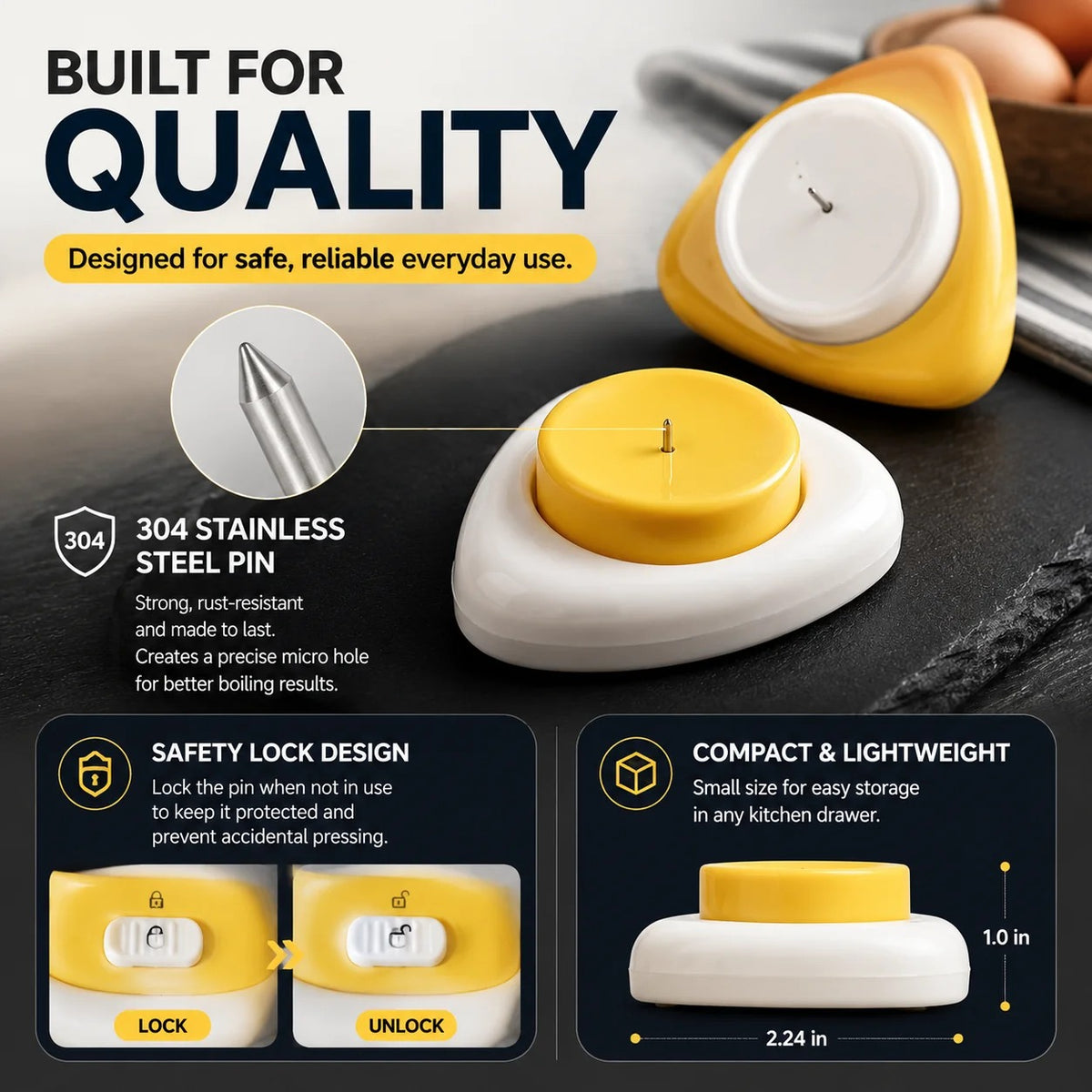 🥚 2PCS Egg Piercer for Perfect Boiled Eggs – Easy Peel Egg Tool with Safety Lock & 304 Stainless Steel Pin